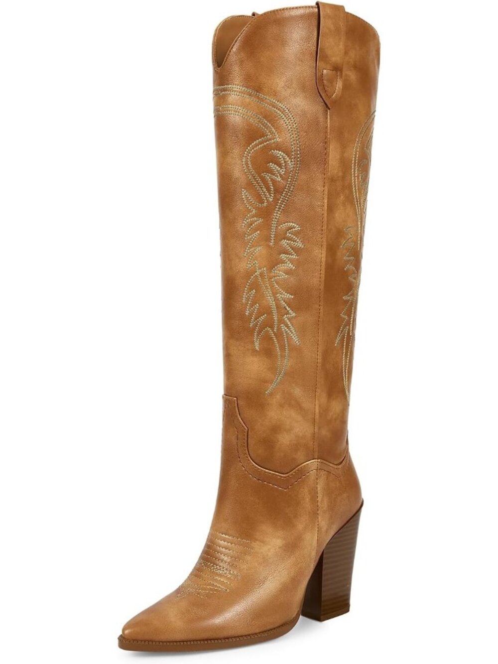 Women's Brown Faux Leather Chunky Heel Side Zipper Pointed Toe Cowgirl Boots